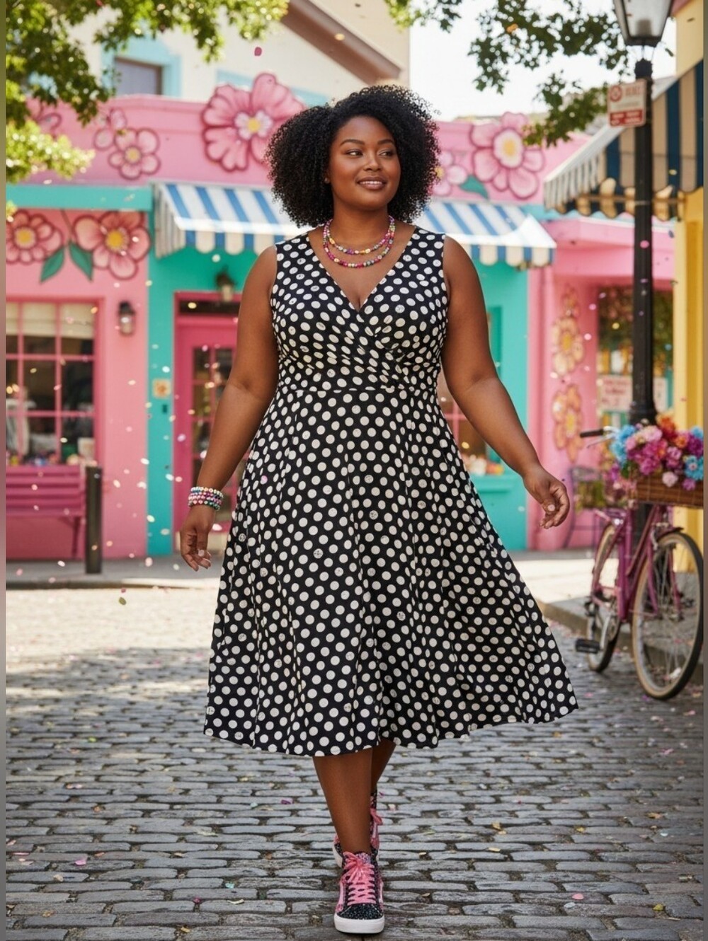Betsey Johnson X Torris Polka Dot Fit-and-Flare Midi Dress - Black & White, Sz 1